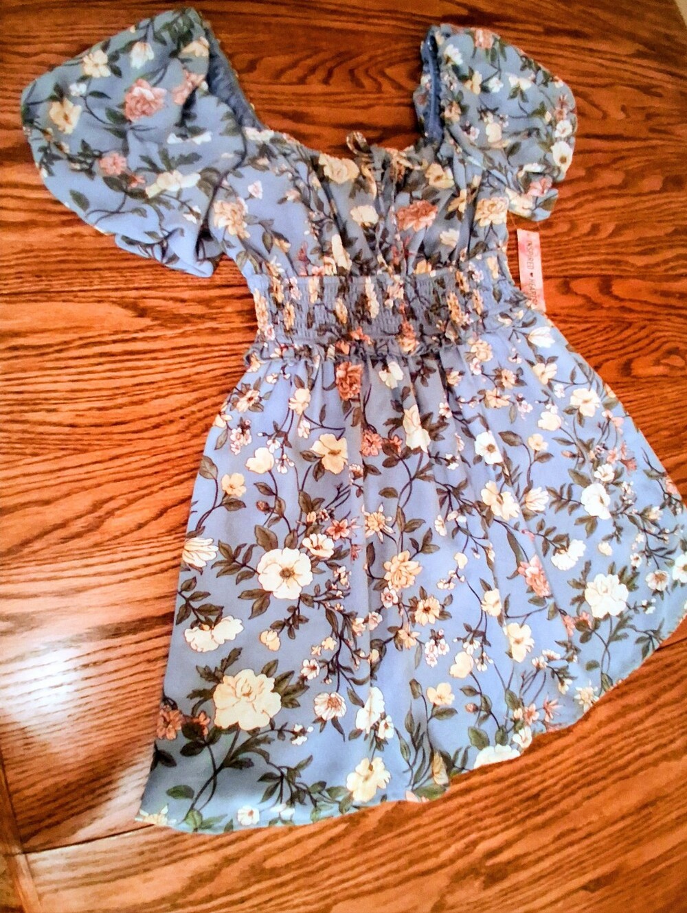 NWT Ladies Dress By Inspired Hearts,  Light Blue, Cream Floral,  Sz S, M,